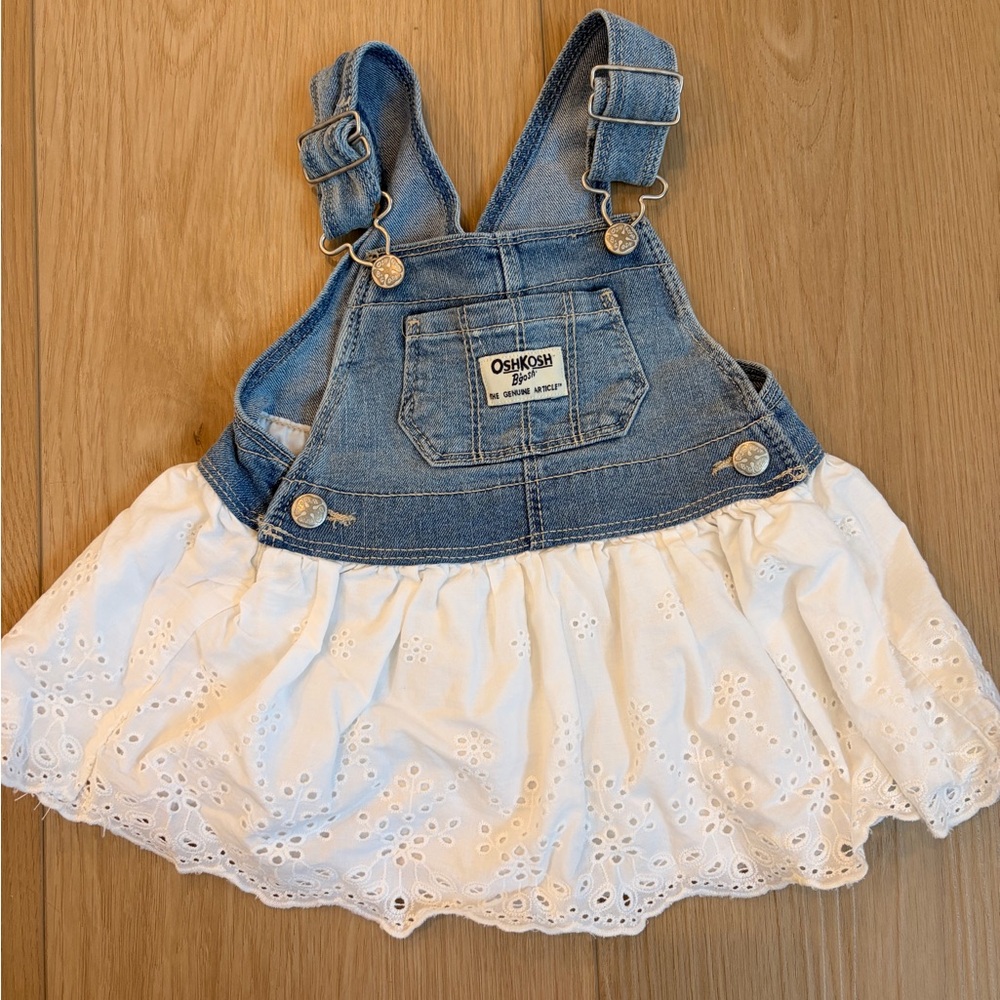 OshKosh B'gosh Denim Overall Dress with White Eyelet Skirt